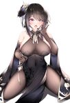  1921494015 1girl absurdres azur_lane bangs bare_shoulders black_dress black_gloves black_hair black_legwear blush breasts chen_hai_(azur_lane) chen_hai_(vestibule_of_wonders)_(azur_lane) covered_navel cum cum_in_mouth dress elbow_gloves full_body gloves hair_ornament highres large_breasts looking_at_viewer open_mouth pantyhose red_eyes simple_background solo thighs white_background 