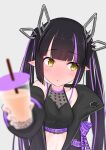  1girl bangs black_hair black_jacket black_shirt blunt_bangs blurry blush breasts bubble_tea cleavage commentary_request crop_top cross-laced_sleeves cup demon_girl demon_horns depth_of_field drinking_straw embarrassed eyebrows_visible_through_hair grey_background heart heart_print highres holding holding_cup horns incoming_drink jacket kiyama_motonobu kojo_anna long_hair long_sleeves looking_to_the_side medium_breasts midriff multicolored_hair off_shoulder open_clothes open_jacket open_mouth pointy_ears print_shirt purple_hair russian_text see-through_shirt shirt simple_background sleeveless sleeveless_shirt solo sugar_lyric twintails two-tone_hair upper_body virtual_youtuber yellow_eyes zipper 