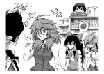  1boy 4girls annoyed bird_nest black_hair glasses hakurei_reimu hidefu_kitayan japanese_clothes kochiya_sanae long_hair morichika_rinnosuke multiple_girls ribbon shameimaru_aya short_hair talking touhou usami_sumireko white_hair 