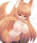  2022 4_fingers anthro areola big_breasts breasts brown_body brown_fur brown_hair canid canine chest_tuft claws clothing cute_fangs female finger_claws fingers fluffy fox fur hair hand_on_hip hi_res inner_ear_fluff kemono leaning leaning_forward legwear long_hair looking_at_viewer mammal mostly_nude multicolored_body multicolored_fur navel nipples open_mouth portrait purple_eyes racal_ra signature solo thigh_highs three-quarter_portrait translated_description tuft two_tone_body two_tone_fur white_body white_fur 