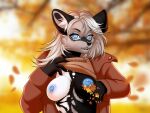  2022 5_fingers african_wild_dog anthro areola black_nose breasts canid canine clothed clothing digital_media_(artwork) eyebrows eyelashes female fingers hair looking_at_viewer mammal manika_nika nipples smile white_hair 