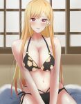  1girl absurdres bikini black_bikini blonde_hair blush breasts cleavage collarbone floral_print futon hateri highres kitagawa_marin lips long_hair looking_at_viewer medium_breasts multicolored_hair multiple_piercings navel pink_hair print_bikini red_eyes shouji side-tie_bikini sliding_doors solo sono_bisque_doll_wa_koi_wo_suru streaked_hair swimsuit tatami v_arms 