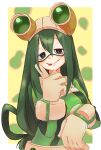  1girl asui_tsuyu black_eyes blush bodysuit boku_no_hero_academia frog_girl gloves green_hair hair_between_eyes highres long_hair looking_at_viewer ruto_ruuuu simple_background solo tongue tongue_out 