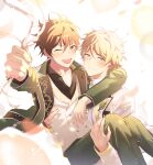  2boys absurdres blonde_hair blue_eyes blush brown_eyes brown_hair closed_eyes closed_mouth ensemble_stars! highres jacket kindo looking_at_viewer male_focus morisawa_chiaki multicolored_hair multiple_boys necktie open_mouth red_eyes ryuuseitai_(ensemble_stars!) school_uniform short_hair simple_background smile solo streaked_hair takamine_midori white_background yumenosaki_school_uniform 