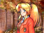  1girl alternate_costume autumn autumn_leaves blonde_hair blue_eyes blush emblem falling_leaves forest jacket leaf long_hair looking_at_viewer metal_slug nature official_art ponytail solo sophia_greenville sweater third-party_source tree 
