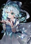  +_+ 1girl :/ aqua_eyes bangs blue_hair blue_nails cirno closed_mouth cropped expressionless eyebrows_behind_hair face fura_(wind_rahu) hair_between_eyes hands_up ice looking_at_object nail_polish neck_ribbon portrait red_ribbon ribbon solo touhou upper_body 