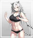  1girl :d absurdres animal_ears arknights bangs bare_arms bare_shoulders black_choker black_panties breasts choker chun_bae cleavage collarbone commentary_request cowboy_shot crop_top gradient gradient_background grey_background hair_between_eyes highres indra_(arknights) korean_commentary large_breasts midriff navel open_mouth panties scar scar_on_cheek scar_on_face scar_on_nose silver_hair smile solo sports_bra standing stomach tail thighs tiger_ears tiger_tail underwear yellow_eyes 