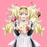 1girl absurdres apron blonde_hair blue_eyes blush box breasts buttons chocolate chocolate_on_breasts collarbone flying_sweatdrops gambier_bay_(kancolle) gift gift_box hair_between_eyes heart-shaped_box highres holding holding_gift kantai_collection large_breasts long_hair long_sleeves open_mouth pink_background simple_background solo tk8d32 twintails upper_body valentine white_apron 