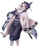  1girl absurdres bangs butterfly_hair_ornament closed_mouth hair_ornament haori highres japanese_clothes jimieokaes kimetsu_no_yaiba kochou_shinobu long_sleeves looking_at_viewer multicolored_hair parted_bangs purple_eyes purple_hair short_hair smile solo sword weapon 