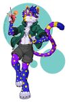  alpha_channel amber_williams anthro beverage black_nose blue_eyes blue_hair bottomwear canid chest_tuft clothed clothing fur hair hybrid male mammal navel open_clothing open_topwear purple_body purple_fur shorts sofox_(sofox) solo topwear tuft 
