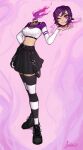  1girl absurdres black_footwear black_skirt boots closed_mouth dullahan full_body highres looking_at_viewer matilda_fiship miniskirt one_eye_closed original pink_background pleated_skirt purple_eyes purple_hair signature skirt smile solo striped striped_legwear thighhighs 