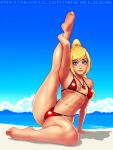  1girl abs alternate_costume aqua_eyes arm_support artist_name barefoot beach bikini blonde_hair blue_sky breasts breasts_apart cameltoe cloud commentary day english_commentary feet highleg horizon kneepits leg_lift leg_up legs lifeguard lips long_hair looking_at_viewer medium_breasts metroid navel ocean outdoors patreon_username plantar_flexion ponytail red_bikini reward_available ronindude samus_aran sand sitting sky smile soles solo split string_bikini swimsuit toes toned web_address whistle whistle_around_neck 