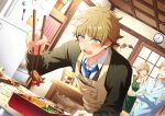  1girl 2boys bento bib blonde_hair blue_eyes chair chopsticks clock ensemble_stars! food highres kindo kitchen multiple_boys necktie sausage shirt short_hair table takamine_midori 