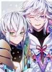 2boys asclepius_(fate) bangs blinking blush bow fate/grand_order fate_(series) green_eyes hair_between_eyes jacket light_particles long_hair long_sleeves looking_at_viewer male_focus merlin_(fate) moru00f multicolored_hair multiple_boys one_eye_closed open_mouth purple_eyes red_bow ribbon robe silver_hair smile sparkle upper_body very_long_hair white_hair 