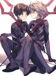  2boys bangs bident black_bodysuit blue_eyes bodysuit brown_hair closed_mouth commentary dot_mouth evangelion:_3.0_you_can_(not)_redo eye_contact eyebrows_visible_through_hair full_body hair_between_eyes hand_on_own_arm hand_on_own_knee highres ikari_shinji interface_headset lance_of_longinus looking_at_another male_focus multiple_boys nagisa_kaworu neon_genesis_evangelion pilot_suit plugsuit polearm rebuild_of_evangelion red_eyes shiny shiny_clothes shiny_hair shirasunuko silver_hair sitting smile weapon white_background yaoi 