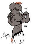  2018 abs anthro arm_tattoo bgn biceps bottomwear bottomwear_down bracelet bulge butt cellphone chad_(bgn) clothed clothing dot_eyes ear_piercing elephant elephantid facial_hair facial_piercing flexing gauged_ear grey_body hair jewelry male mammal mirror_selfie muscular muscular_anthro muscular_male nike nipples orange_hair pants pants_down partially_clothed pecs phone piercing proboscidean selfie shoulder_tattoo smile solo tattoo tight_clothing topless tusk_accessory tusks undressing 