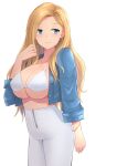  1girl blonde_hair blue_eyes breasts cleavage closed_mouth collarbone cowboy_shot earrings eyebrows_visible_through_hair high-waist_pants highres hoop_earrings jewelry large_breasts long_hair original solo tipo_(tipoplaza) white_background 