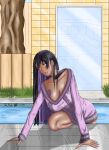  black_hair breasts cleavage dark_skin glass_door grass highres kenmaster17 large_breasts legs non-web_source open_mouth original pool tree yellow_eyes 