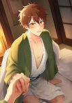  2boys abs blonde_hair brown_eyes brown_hair ensemble_stars! highres holding_hands japanese_clothes kindo looking_at_viewer male_focus morisawa_chiaki multiple_boys muscular muscular_male open_mouth red_eyes ryuuseitai_(ensemble_stars!) scar short_hair simple_background takamine_midori twitter_username white_background yaoi 