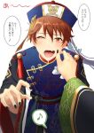  2boys blush brown_eyes brown_hair cheek_pull chinese_clothes closed_mouth ensemble_stars! ghost halloween_costume hand_up hat highres jiangshi jiangshi_costume kindo looking_at_viewer male_focus morisawa_chiaki multiple_boys multiple_girls ofuda open_mouth outstretched_arms red_eyes ryuuseitai_(ensemble_stars!) school_uniform short_hair solo takamine_midori translation_request white_background yumenosaki_school_uniform 