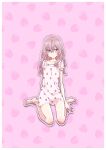  1girl absurdres alternate_costume bangs bare_legs barefoot breasts collarbone dress food food_print fruit highres inui_sajuna kneeling nishihara_erika official_alternate_costume official_art outline patterned_background patterned_clothing pink_dress pink_hair purple_eyes small_breasts sono_bisque_doll_wa_koi_wo_suru strawberry strawberry_print white_outline 