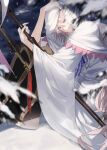  1boy bangs blue_bow blue_ribbon bow bsq cape fate/apocrypha fate/grand_order fate_(series) hair_between_eyes highres holding holding_staff hood hood_up hooded_cape knees_up long_hair looking_at_viewer male_focus merlin_(fate) on_ground ribbon sitting smile snow solo staff very_long_hair white_hair wooden_staff 