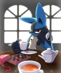  anthro backlighting beverage black_body black_fur blue_body blue_fur blurred_background blurred_foreground box_of_chocolates candy canid canine chest_spike chest_tuft chocolate container cup dessert food fur furniture hand_spike hi_res holding_cup holding_object inside light lighting looking_at_viewer lucario male mammal niku1441 nintendo open_mouth orange_eyes pok&eacute;mon pok&eacute;mon_(species) shaded solo spikes spikes_(anatomy) table tea tea_cup tuft video_games window yellow_body yellow_fur 