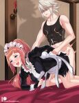  1boy 1girl blue_eyes candle chungmechanic corrin_(fire_emblem) corrin_(fire_emblem)_(male) doggystyle feet_out_of_frame felicia_(fire_emblem) fire_emblem fire_emblem_fates hetero highres holding_another&#039;s_wrist indoors juliet_sleeves long_hair long_sleeves maid maid_headdress muscular muscular_male on_bed pink_hair ponytail puffy_sleeves sex shaded_face sheet_grab tank_top teeth tongue tongue_out upper_teeth 