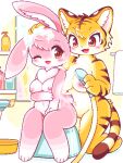  2021 aliasing amber_eyes anthro bathing bathing_together bathroom blush brown_stripes chest_tuft duo ear_tuft featureless_crotch felid female full-length_portrait fur holding_object inside kemono kneeling lagomorph leporid looking_at_another looking_at_viewer low_res mammal nipples nude one_eye_closed pantherine paws pink_body pink_fur pink_nipples portrait rabbit shampoo sitting striped_body striped_fur stripes takiune_(pixiv) tiger towel tuft yellow_body yellow_fur 