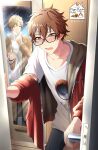  2boys bag blonde_hair brown_hair door ensemble_stars! glasses hairband highres hood hoodie kindo mirror morisawa_chiaki multiple_boys open_mouth plastic_bag red_eyes shirt short_hair t-shirt takamine_midori 