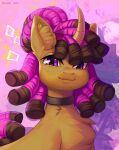  abstract_background bust_portrait collar dreadlocks equid equine female feral hair hasbro hi_res horn looking_at_viewer mammal margony my_little_pony pink_hair portrait smile solo unicorn 