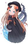  1girl abigail_williams_(fate) bangs black_bow black_dress black_headwear blonde_hair blue_eyes blush bow breasts dress fate/grand_order fate_(series) forehead hair_bow hat highres lazu0721 long_hair long_sleeves looking_at_viewer multiple_bows open_mouth orange_bow parted_bangs polka_dot polka_dot_bow ribbed_dress sleeves_past_fingers sleeves_past_wrists small_breasts tentacles 