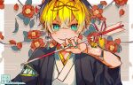  1boy amenochi_hare bishounen blonde_hair blue_eyes bow earrings ema flower hair_bow japanese_clothes jewelry looking_ahead looking_at_viewer male_focus nail_polish original pale_skin sharp_teeth smirk solo teeth traditional_clothes 