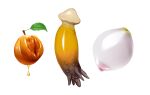  blackshirtboy breasts commentary english_commentary food food_focus fruit highres leaf liquid mushroom nipples no_humans original peach phallic_symbol roots sexually_suggestive shiny simple_background still_life what white_background yonic_symbol 