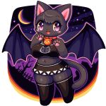  2021 absolute_territory aliasing anthro bat_wings black_body black_fur blush bottomwear chibi cleavage_cutout clothed clothing collar detailed_background domestic_cat featureless_feet felid feline felis female full-length_portrait fur halloween halloween_costume holidays kemono legwear low_res mammal membrane_(anatomy) membranous_wings miniskirt monotone_body monotone_fur moon pawpads paws pink_inner_ear pink_pawpads portrait purple_eyes skirt solo stockings takiune_(pixiv) thick_thighs wings 