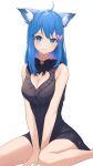  1girl ahoge animal_ear_fluff animal_ears animare bare_arms bare_shoulders between_legs black_dress blue_eyes blue_hair bow bowtie braid breasts cat_ears cleavage cleavage_cutout closed_mouth clothing_cutout dress frilled_dress frills hair_ornament heart heart_cutout heart_hair_ornament highres long_hair looking_at_viewer medium_breasts nishino_eri sitting sleeveless sleeveless_dress smile solo souya_ichika thighs virtual_youtuber wariza 