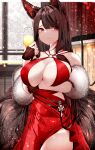  1girl absurdres akagi_(azur_lane) akagi_(ruby-laced_beauty)_(azur_lane) animal_ear_fluff animal_ears arm_under_breasts azur_lane bangs bare_shoulders black_gloves breasts brown_hair cleavage cocktail_glass cup dress drinking_glass evening_gown eyebrows_visible_through_hair feather_boa fingerless_gloves gloves grin highres large_breasts light_particles long_hair looking_at_viewer o-ring_dress official_alternate_costume raised_eyebrows red_dress red_eyes sakura_empire_(emblem) samip smile solo very_long_hair window 