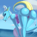  1:1 2022 anthro ball bent_over big_butt blue_body blue_eyes breasts butt clothing cloud digital_media_(artwork) digital_painting_(artwork) female hi_res holding_object horn kobold looking_at_viewer looking_back multicolored_body one-piece_swimsuit outside paradoxing presenting presenting_hindquarters scalie solo swimwear thick_thighs tongue tongue_out two_tone_body wide_hips 