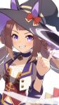  alternate_costume animal_ears blush breasts brown_hair collar commentary_request common_race_outfit_(umamusume) grin hair_ribbon hat highres horse_ears long_hair looking_at_viewer nonono_(1399900) purple_eyes ribbon simple_background small_breasts smile sweep_tosho_(umamusume) twintails umamusume white_background witch_hat 