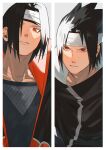  2boys black_hair brothers commentary_request forehead_protector highres looking_at_another male_focus mirin_(coene65) multiple_boys naruto_(series) naruto_shippuuden older red_hair short_hair siblings simple_background spiked_hair teeth uchiha_itachi uchiha_sasuke 