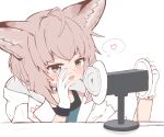  1girl :d absurdres ahoge animal_ear_fluff animal_ears arknights asmr bangs binaural_microphone black_choker blue_eyes blue_shirt blush brown_hair choker chrocatz commentary_request eyebrows_visible_through_hair fox_ears gloves heart highres hood hood_down hooded_jacket jacket looking_at_viewer open_clothes open_jacket shirt simple_background smile solo spoken_heart sussurro_(arknights) sweat upper_body white_background white_gloves white_jacket 