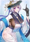  1girl :d azur_lane bangs blue_sash breasts cleavage clothing_cutout commentary_request cowboy_shot dress eyebrows_visible_through_hair grey_hair hair_between_eyes hair_bun hair_ornament hairclip hand_up highres index_finger_raised large_breasts long_dress looking_at_viewer metal_gloves official_alternate_costume open_mouth purple_eyes reno_(azur_lane) reno_(spring&#039;s_inspiration)_(azur_lane) sai-go sash sideboob sidelocks smile solo standing thigh_cutout undershirt white_dress wide_sleeves 