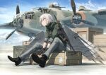  1girl :/ absurdres aircraft airplane assault_rifle asterisk_kome bird_wings bomber commentary_request crate frances_royce green_jacket grey_pants gun heterochromia highres jacket low_wings military military_vehicle pants rifle scar scar_on_face short_hair silver_hair sitting weapon winged_fusiliers wings 