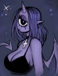  1girl black_eyes breasts cleavage closed_mouth colored_skin cross cross_necklace cyclops demon_girl earrings highres horns jewelry large_breasts looking_at_viewer matilda_fiship necklace one-eyed original pointy_ears purple_hair purple_skin runny_makeup signature single_horn solo tail upper_body wings 