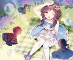  1girl blanket blush brown_hair chielle dress flower hair_flower hair_ornament highres hydrangea indie_virtual_youtuber looking_at_viewer pale_skin picnic purple_eyes sorani_(kaeru0768) thighhighs virtual_youtuber 