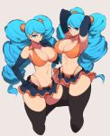  2girls absurdres ace_trainer_(pokemon) blue_eyes blue_hair breasts elbow_gloves gloves highres large_breasts long_hair multiple_girls nac000 navel pantyhose pokemon simple_background thighhighs thighs twintails very_long_hair 