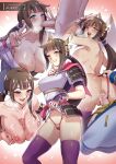  1boy 1girl blush breasts breasts_out brown_hair clothing_aside heroine_(pokemon_conquest) hetero long_hair looking_at_viewer mibry_(phrysm) paizuri panties panties_aside pokemon pokemon_(game) pokemon_conquest purple_legwear sweat thighhighs twintails underwear v vaginal 