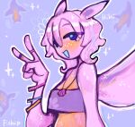  1girl :d animal_ears bandeau blush colored_skin highres jewelry looking_at_viewer matilda_fiship medium_hair multicolored_skin necklace open_mouth orange_skin original pink_hair pink_skin seashell shell shell_necklace signature smile solo two-tone_skin v wings 