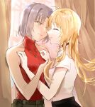  2girls 428 ahoge blonde_hair blush brown_eyes brown_hair canaan canaan_(character) choker closed_eyes commentary_request curtains face-to-face facing_another hand_in_hair jewelry long_hair massuruneko multiple_girls necklace oosawa_maria red_shirt shirt short_hair short_sleeves sleeveless sleeveless_shirt smile white_shirt window yuri 
