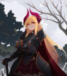  1girl absurdres armor artist_name blonde_hair commission eyebrows_visible_through_hair grin highres horns long_hair looking_at_viewer once_11h original outdoors parted_lips pointy_ears red_eyes smile solo teeth tree 